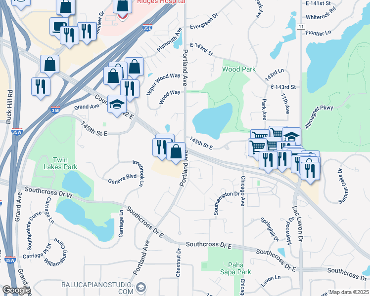 map of restaurants, bars, coffee shops, grocery stores, and more near County Road 42 & Portland Avenue South in Burnsville