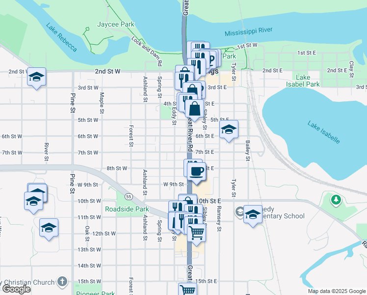 map of restaurants, bars, coffee shops, grocery stores, and more near 612 Vermillion Street in Hastings