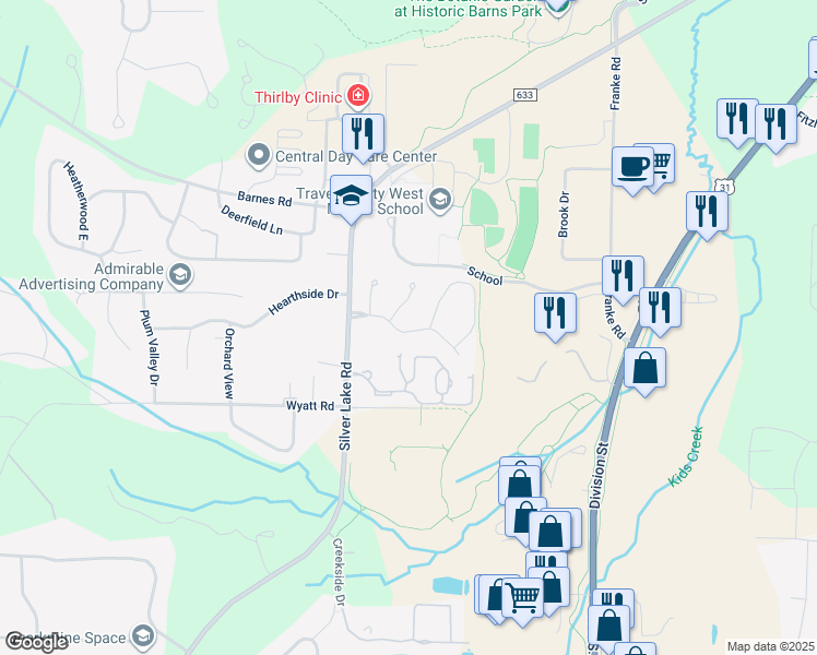 map of restaurants, bars, coffee shops, grocery stores, and more near 3850 Scenic Ridge in Traverse City