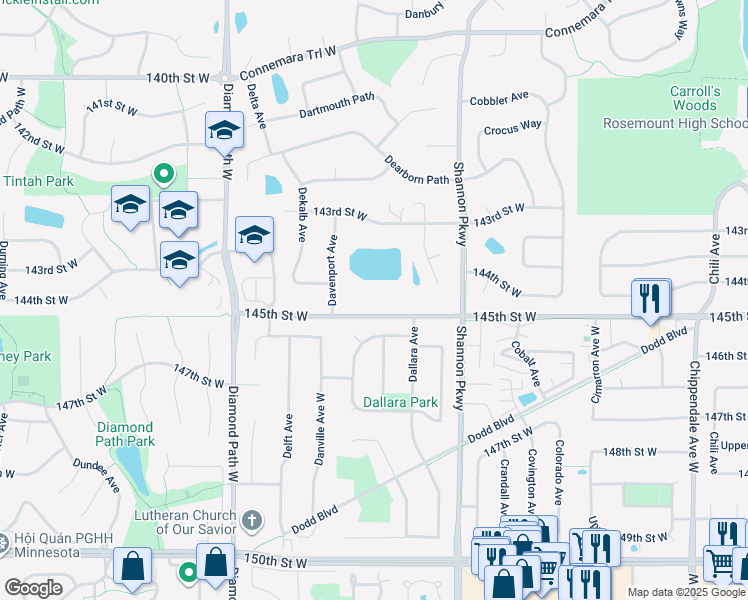 map of restaurants, bars, coffee shops, grocery stores, and more near 14505 West Danbury Avenue in Rosemount