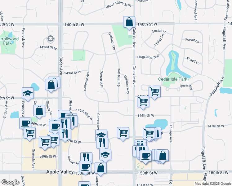 map of restaurants, bars, coffee shops, grocery stores, and more near 7103 145th Street West in Apple Valley