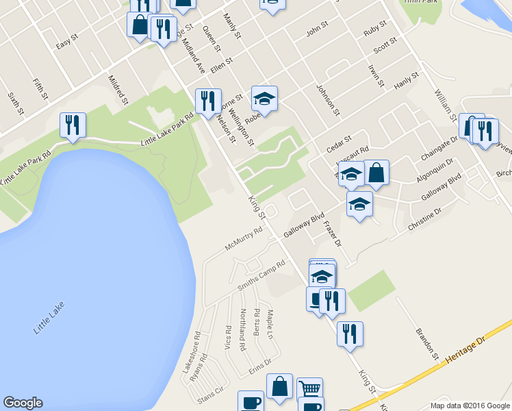 map of restaurants, bars, coffee shops, grocery stores, and more near 660 King Street in Midland