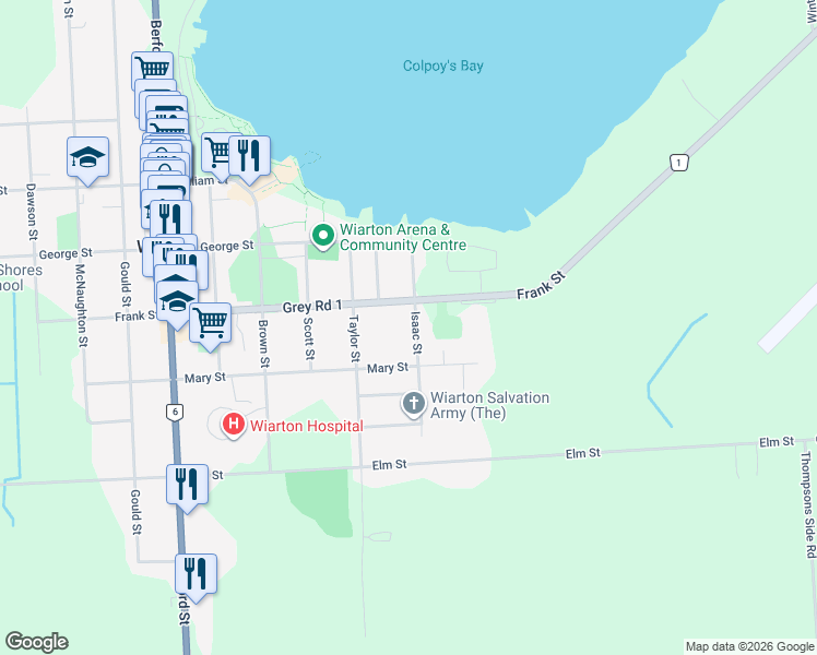 map of restaurants, bars, coffee shops, grocery stores, and more near 446 Isaac Street in Wiarton