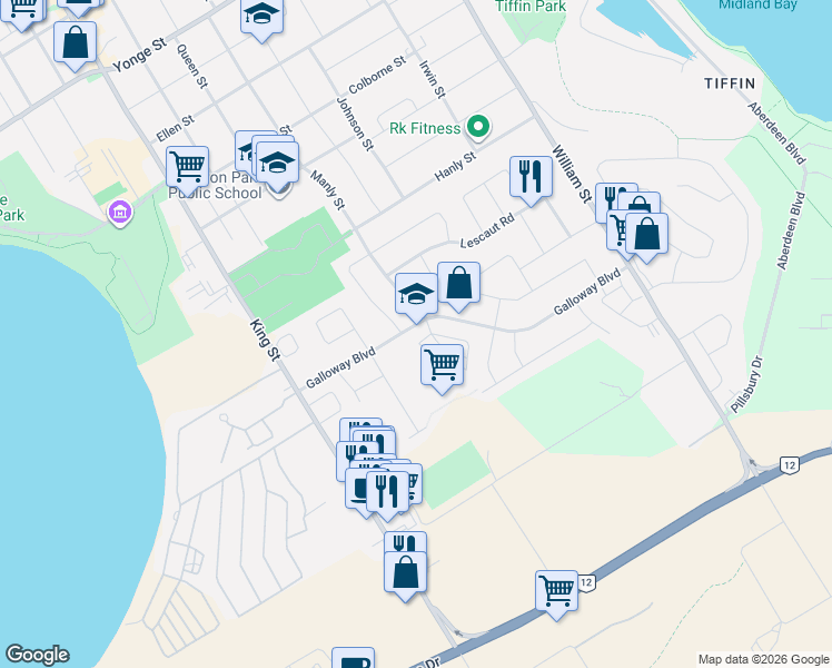 map of restaurants, bars, coffee shops, grocery stores, and more near 347 Galloway Boulevard in Midland