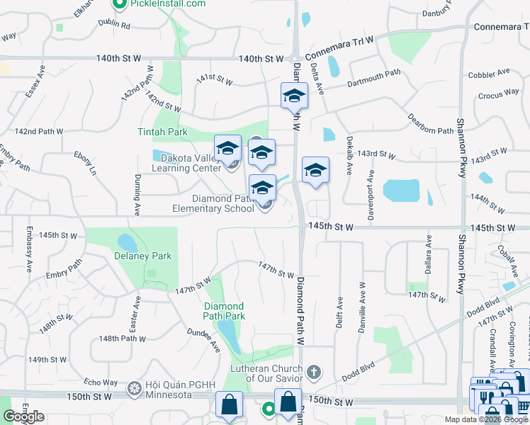 map of restaurants, bars, coffee shops, grocery stores, and more near 14455 Diamond Path West in Apple Valley