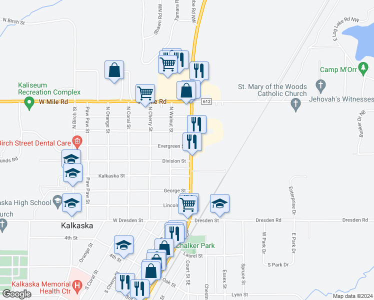 map of restaurants, bars, coffee shops, grocery stores, and more near 452 North Cedar Street in Kalkaska