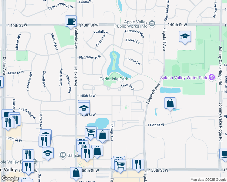 map of restaurants, bars, coffee shops, grocery stores, and more near 14365 Flora Way in Apple Valley