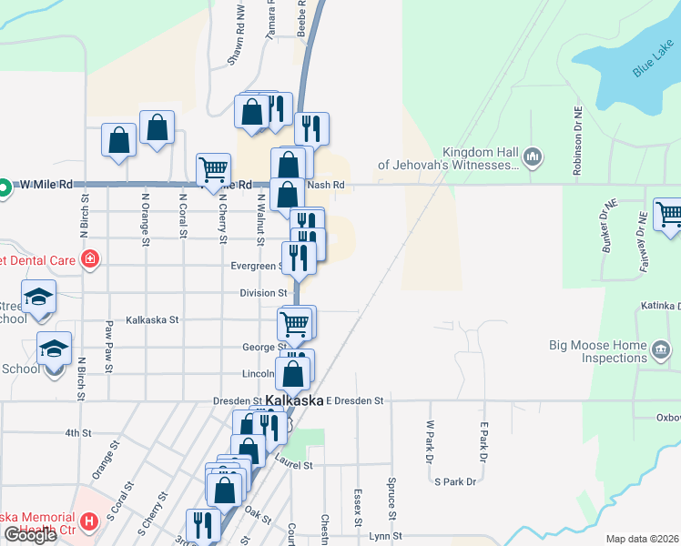 map of restaurants, bars, coffee shops, grocery stores, and more near 506 North Cedar Street in Kalkaska