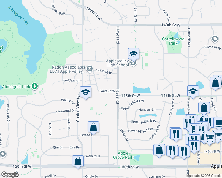 map of restaurants, bars, coffee shops, grocery stores, and more near 8297 144th Street West in Saint Paul