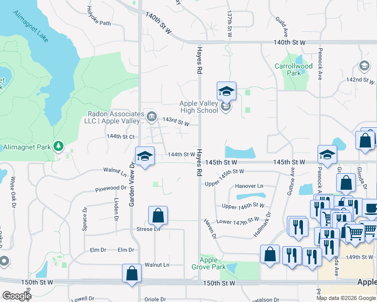 map of restaurants, bars, coffee shops, grocery stores, and more near 8295 144th Street West in Saint Paul