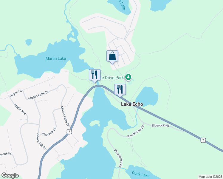 map of restaurants, bars, coffee shops, grocery stores, and more near Highway 7 in Lake Echo