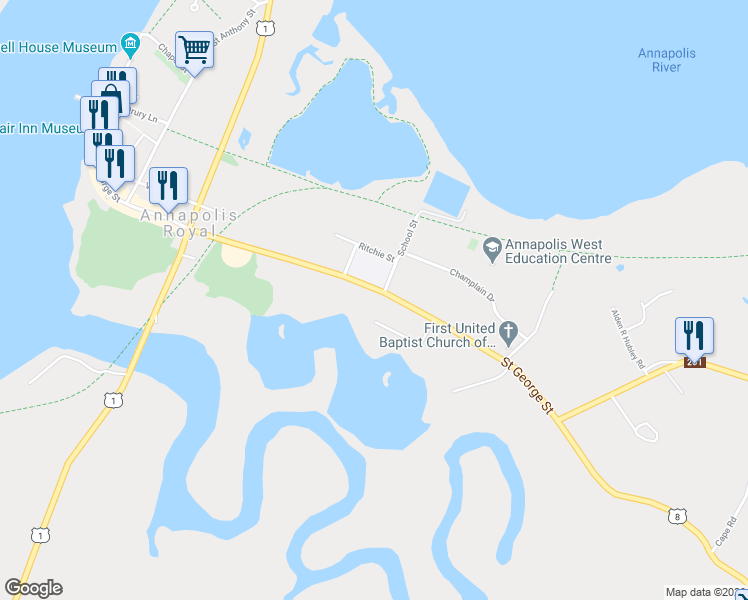 map of restaurants, bars, coffee shops, grocery stores, and more near 607 Saint George Street in Annapolis Royal