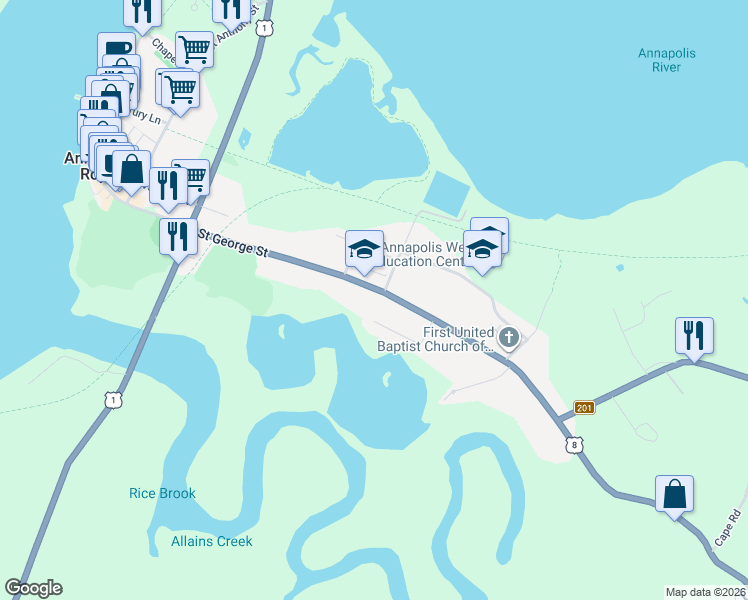 map of restaurants, bars, coffee shops, grocery stores, and more near 607 Saint George Street in Annapolis Royal