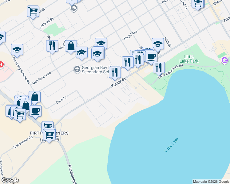 map of restaurants, bars, coffee shops, grocery stores, and more near 859 Yonge Street in Midland