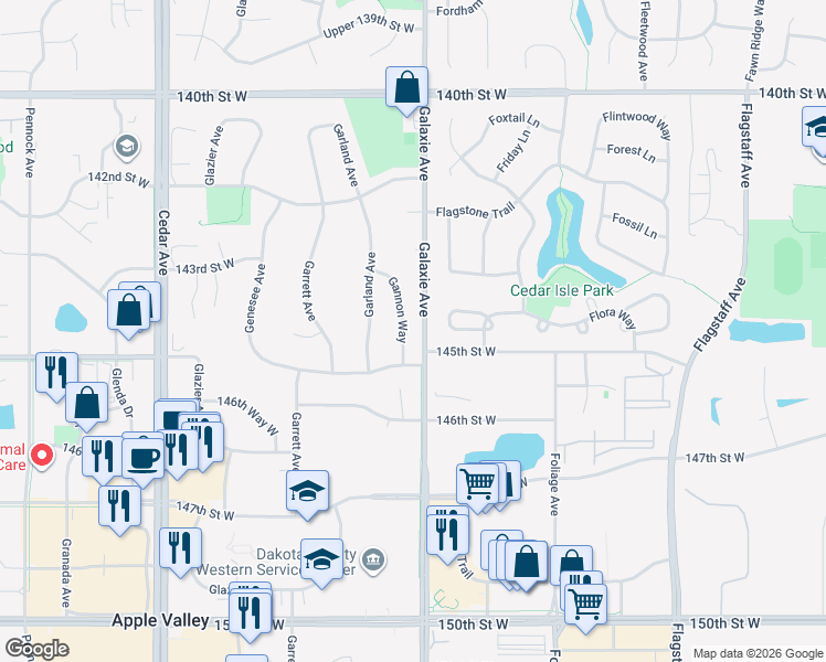 map of restaurants, bars, coffee shops, grocery stores, and more near 14391 Gannon Way in Apple Valley