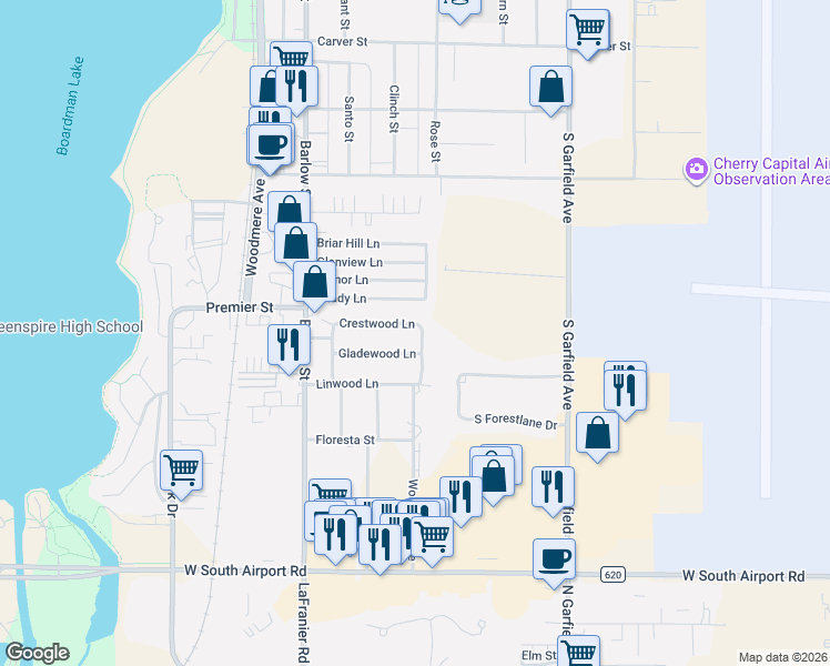 map of restaurants, bars, coffee shops, grocery stores, and more near 867 Crestwood Lane in Traverse City