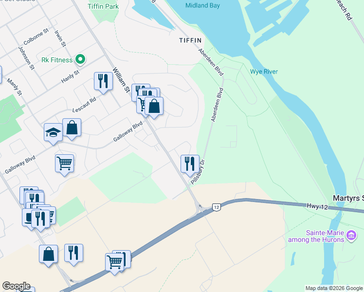 map of restaurants, bars, coffee shops, grocery stores, and more near 167 Southwinds Crescent in Midland