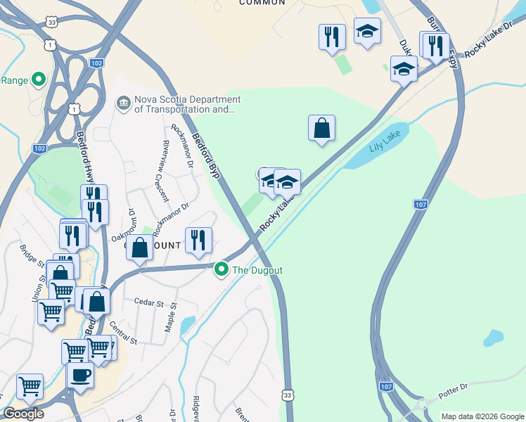 map of restaurants, bars, coffee shops, grocery stores, and more near 386 Rocky Lake Drive in Bedford