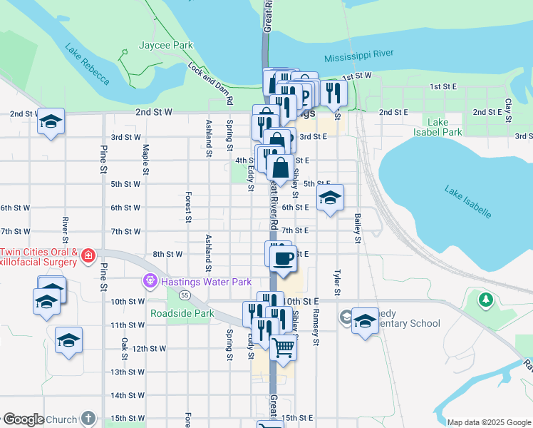map of restaurants, bars, coffee shops, grocery stores, and more near 602 Vermillion Street in Hastings
