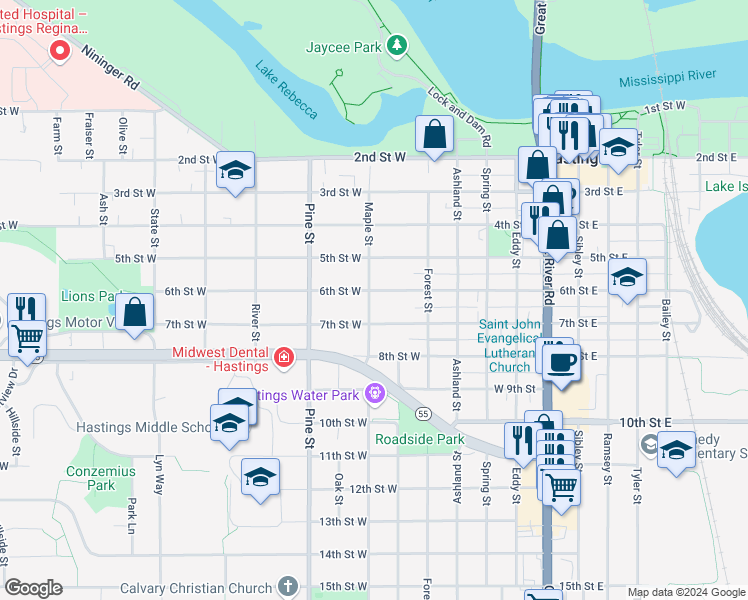 map of restaurants, bars, coffee shops, grocery stores, and more near 600 6th Street West in Hastings