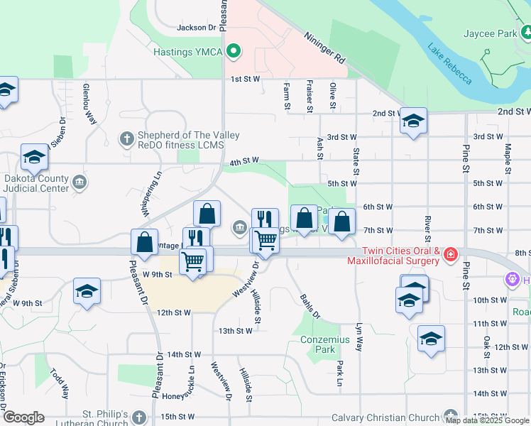 map of restaurants, bars, coffee shops, grocery stores, and more near 521 Westview Drive in Hastings