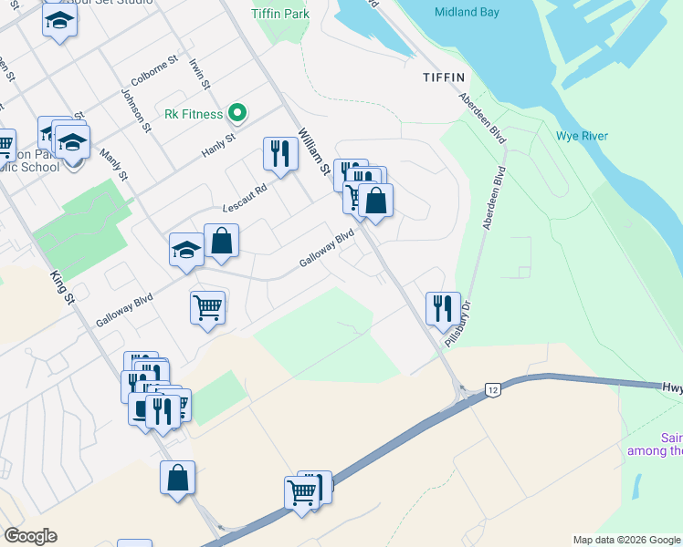 map of restaurants, bars, coffee shops, grocery stores, and more near 71 Bowling Green Estates in Midland