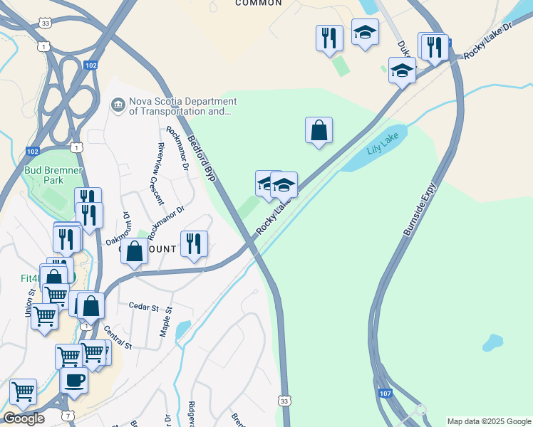 map of restaurants, bars, coffee shops, grocery stores, and more near 394 Rocky Lake Drive in Bedford