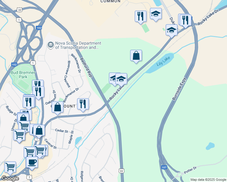 map of restaurants, bars, coffee shops, grocery stores, and more near 394 Rocky Lake Drive in Bedford