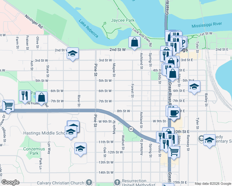 map of restaurants, bars, coffee shops, grocery stores, and more near 600 6th Street West in Hastings
