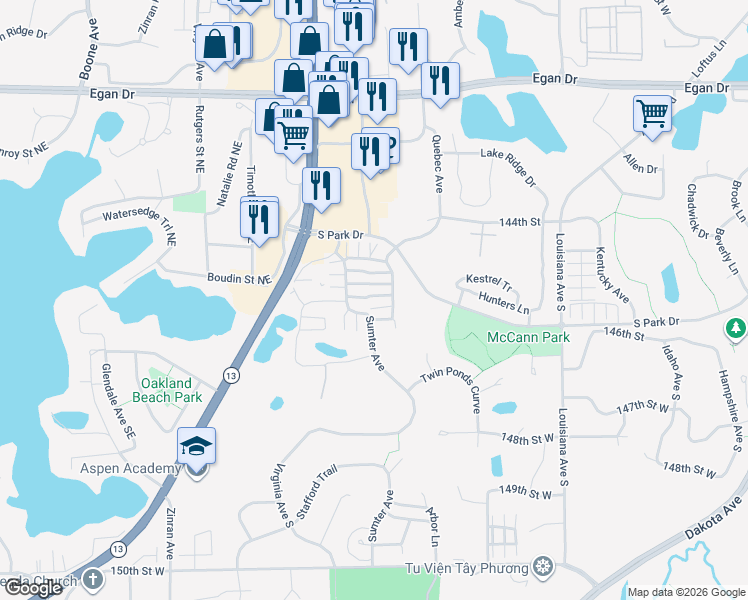 map of restaurants, bars, coffee shops, grocery stores, and more near 7503 Parkridge Way in Savage