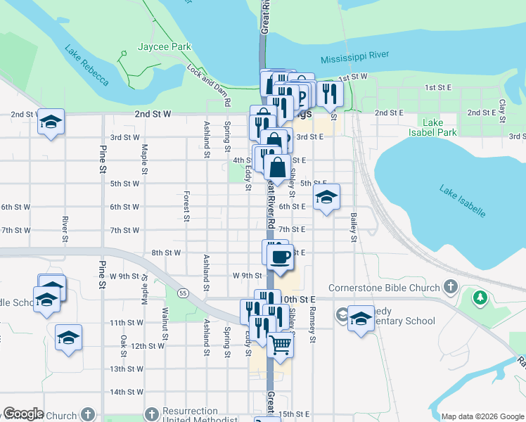 map of restaurants, bars, coffee shops, grocery stores, and more near 602 Vermillion Street in Hastings