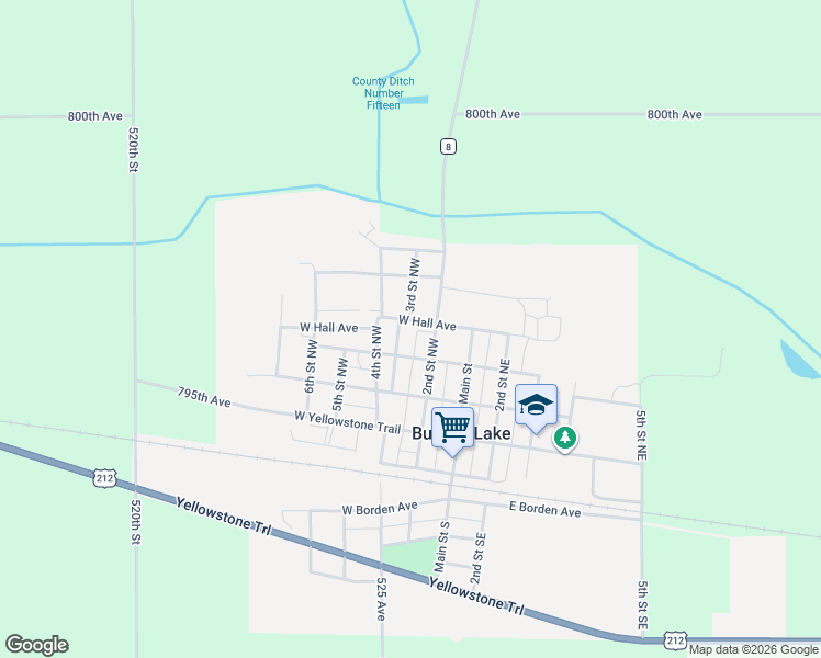 map of restaurants, bars, coffee shops, grocery stores, and more near 223 West Hall Avenue in Buffalo Lake