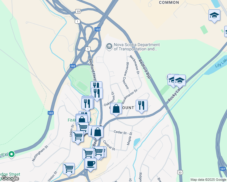 map of restaurants, bars, coffee shops, grocery stores, and more near 55 Oakmount Drive in Bedford