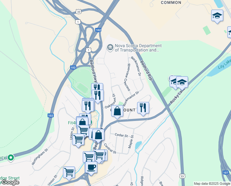 map of restaurants, bars, coffee shops, grocery stores, and more near 55 Oakmount Drive in Bedford