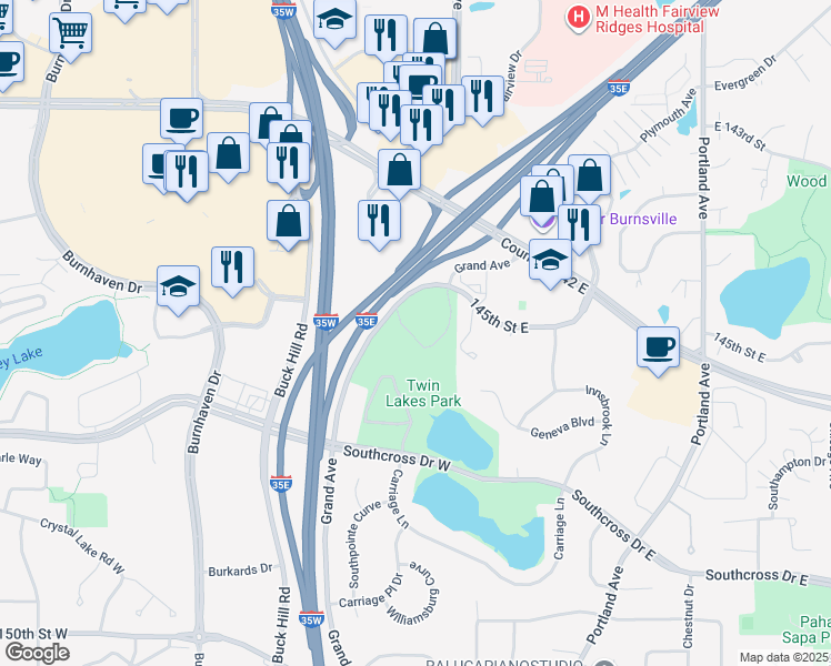 map of restaurants, bars, coffee shops, grocery stores, and more near 14501 Grand Avenue in Burnsville