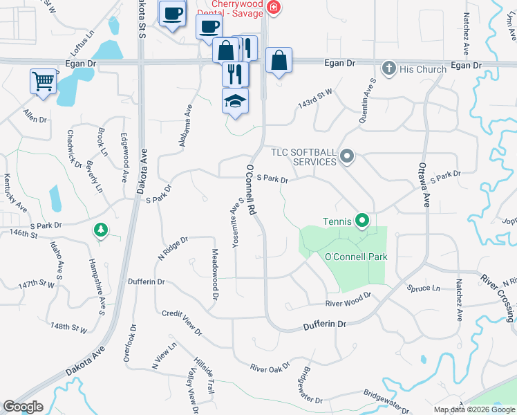 map of restaurants, bars, coffee shops, grocery stores, and more near 14537 Yosemite Avenue South in Savage