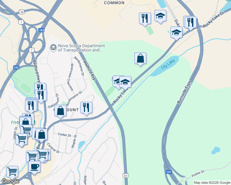 map of restaurants, bars, coffee shops, grocery stores, and more near 392 Rocky Lake Drive in Bedford