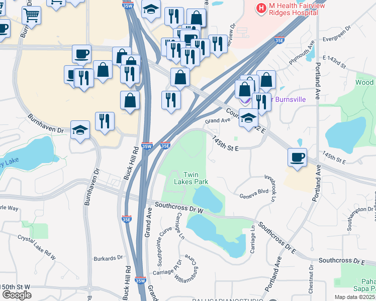 map of restaurants, bars, coffee shops, grocery stores, and more near 14501 Grand Avenue in Burnsville