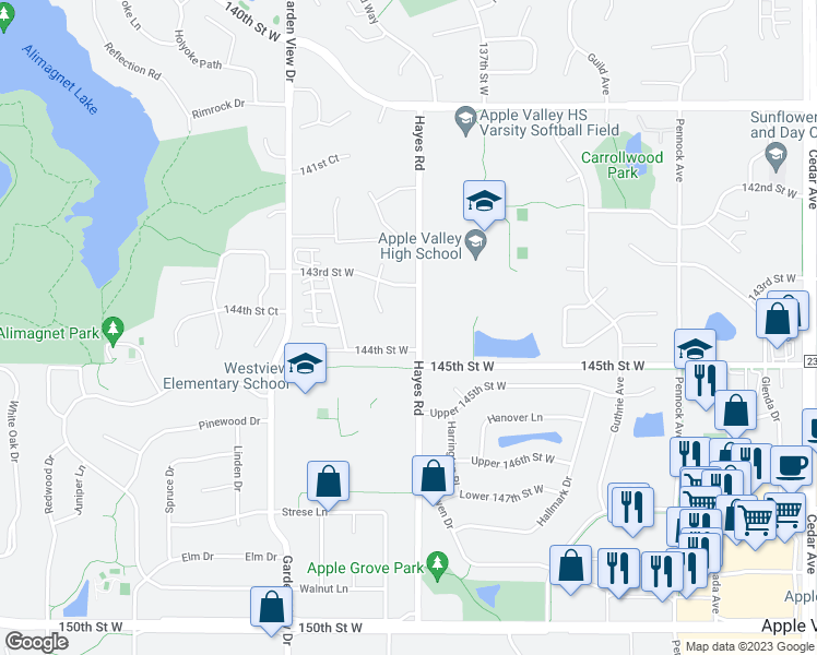 map of restaurants, bars, coffee shops, grocery stores, and more near 14373 Hayes Road in Apple Valley