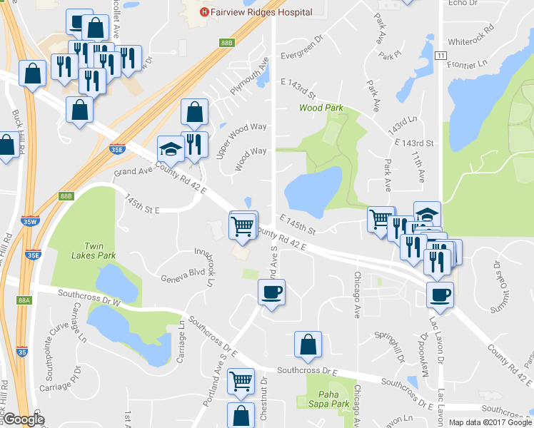 map of restaurants, bars, coffee shops, grocery stores, and more near 14478 Portland Avenue in Burnsville