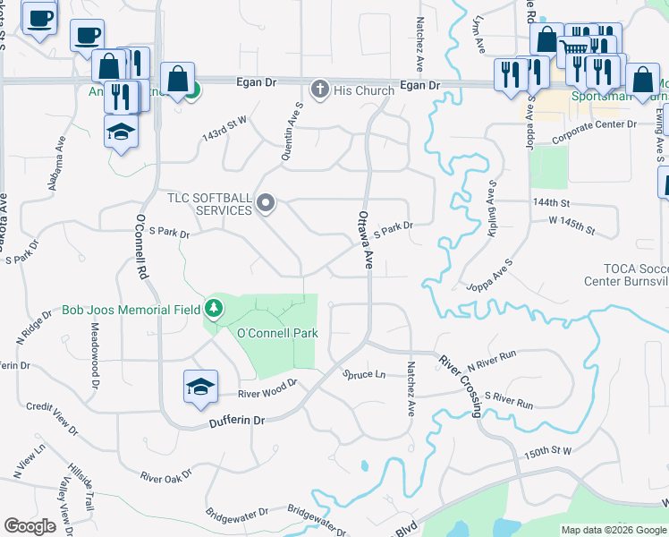 map of restaurants, bars, coffee shops, grocery stores, and more near 5088 South Park Drive in Savage