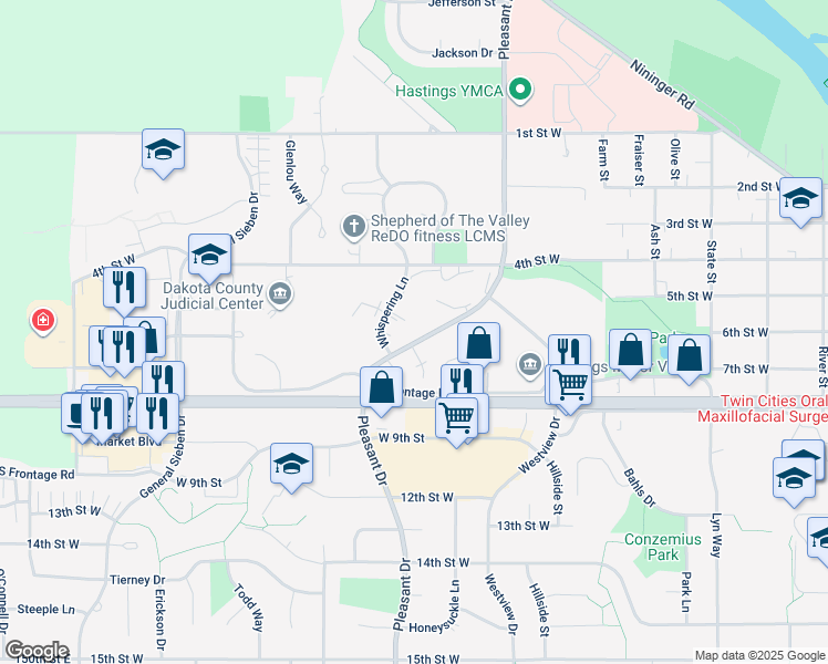map of restaurants, bars, coffee shops, grocery stores, and more near 619 Whispering Lane in Hastings