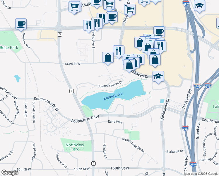 map of restaurants, bars, coffee shops, grocery stores, and more near 1429 Summit Shores Drive in Burnsville