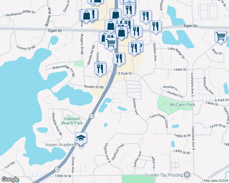 map of restaurants, bars, coffee shops, grocery stores, and more near 14449 State Highway 13 in Prior Lake