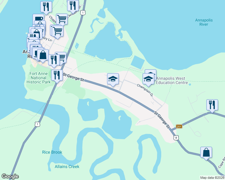 map of restaurants, bars, coffee shops, grocery stores, and more near 585 Nova Scotia Trunk 8 in Annapolis Royal