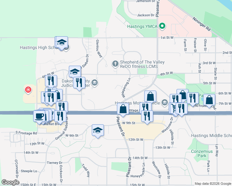 map of restaurants, bars, coffee shops, grocery stores, and more near 1465 Whispering Court in Hastings