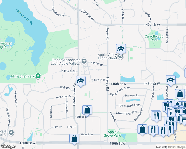 map of restaurants, bars, coffee shops, grocery stores, and more near 14370 Heywood Avenue in Apple Valley