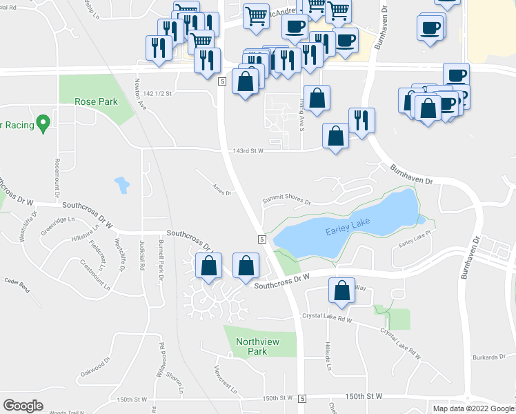 map of restaurants, bars, coffee shops, grocery stores, and more near 14590 Summit Shores Drive in Burnsville