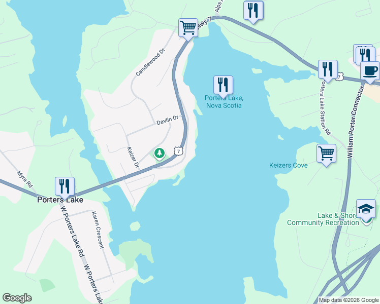 map of restaurants, bars, coffee shops, grocery stores, and more near in Porters Lake