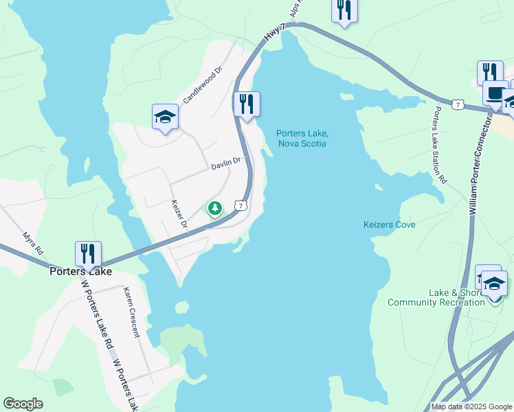map of restaurants, bars, coffee shops, grocery stores, and more near 60 Post Office Road in Porters Lake